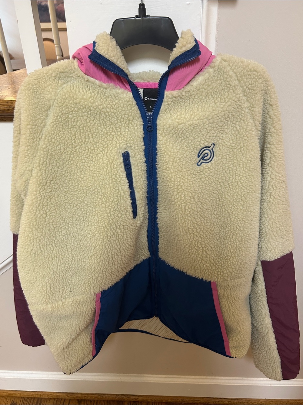 Peloton Large Cream Sherpa Full Zip Jacket with Navy & Berry Accents